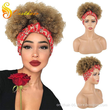 Afro Puff Turban Synthetic Wig Short Kinky Curly Headwrap Drawstring Wrap-wig 2 in 1 Updo Head-Wrap Wig for African American